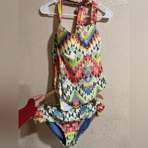 BECCA geometric bathing suit - halter top high waist ruched bottom plus size 1X
